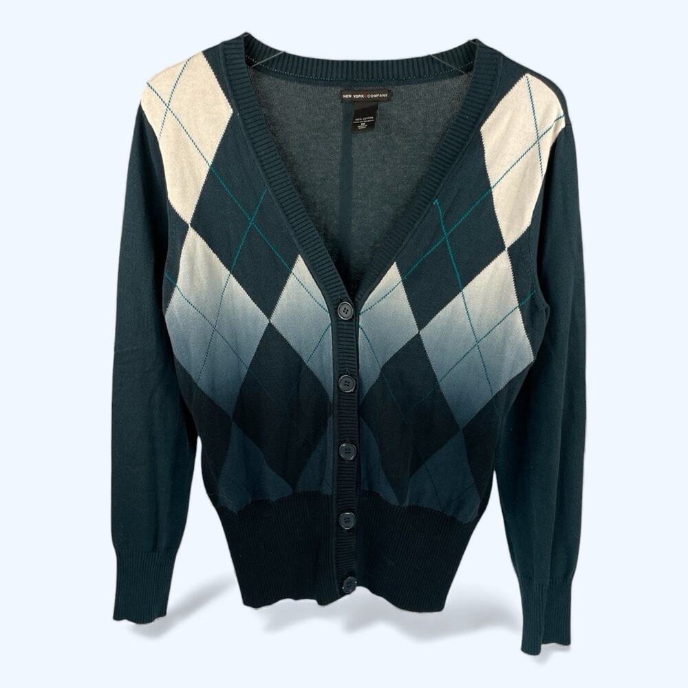 New York & Company argyle cardigan Dip-Dye Teal, Blue, White Medium